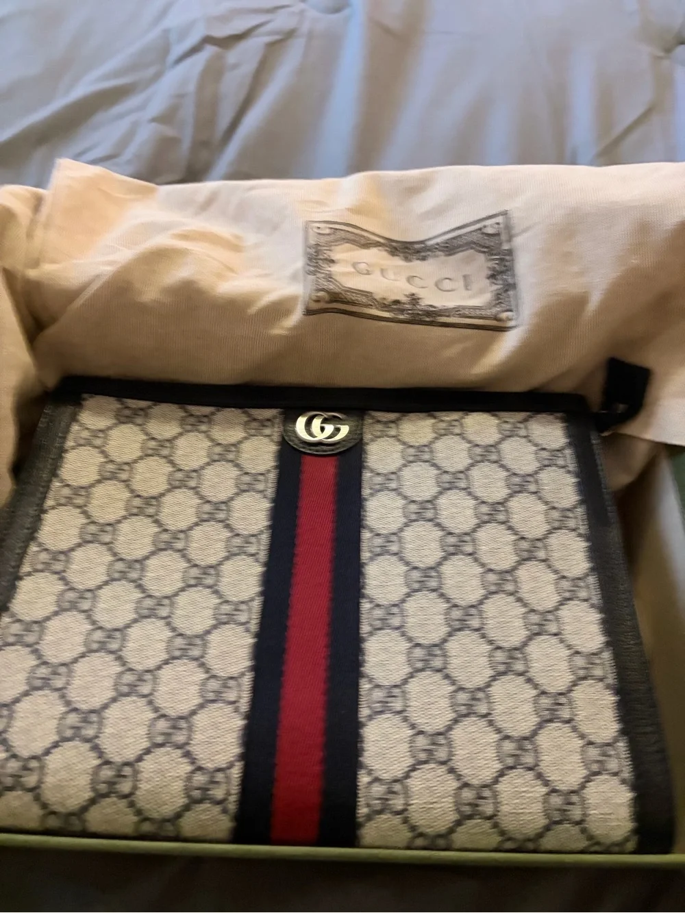 Gucci Beige GG Canvas Toiletry Pouch with Navy Trim and Red Stripe